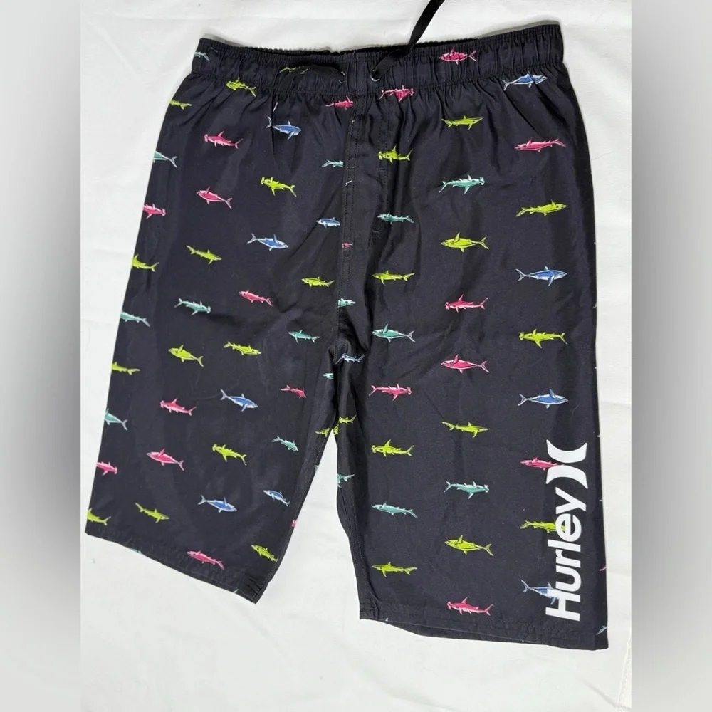 Hurley Boy's Black Swim Trunks Sz:XL Shark Theme Back Pocket